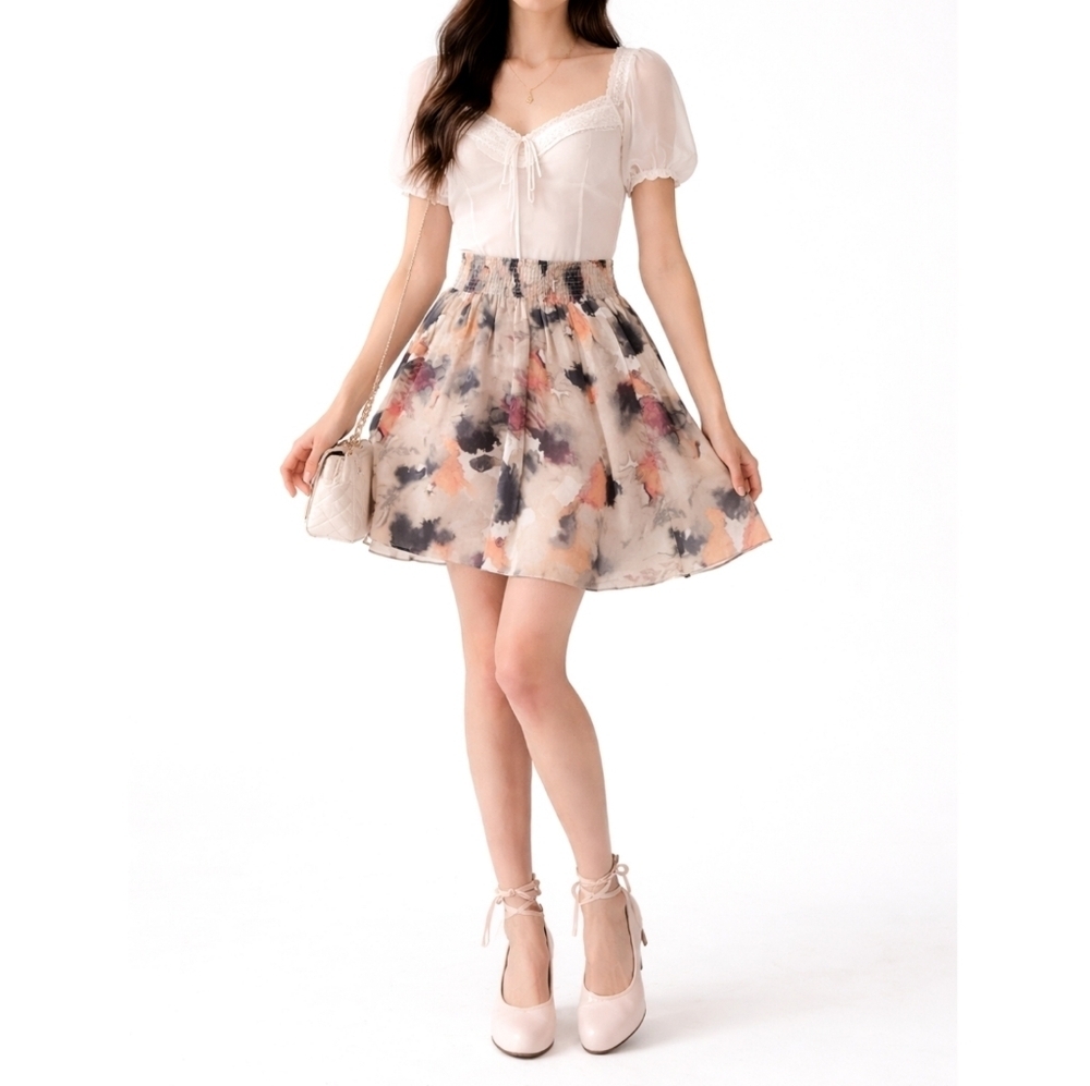 NEW YORK & COMPANY 100% Cotton Smocked Waist Tie Dye Circle Skirt, Lined,  M
